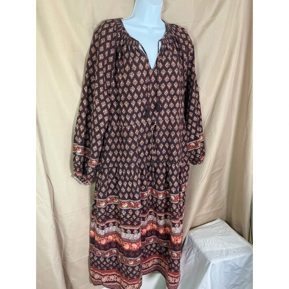 Old Navy Boho Midi Dress Womens Medium Brown Floral Tiered Excellent Tassel Tie